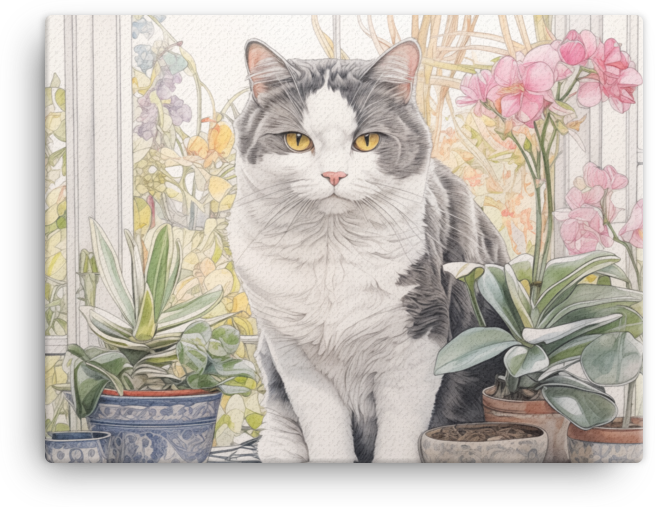 Serene Feline Amidst Floral Bliss Canvas