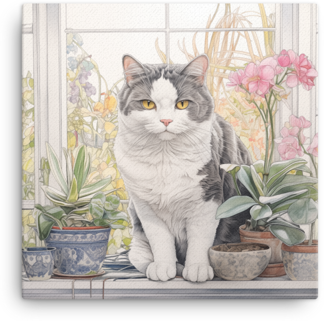 Serene Feline Amidst Floral Bliss Canvas