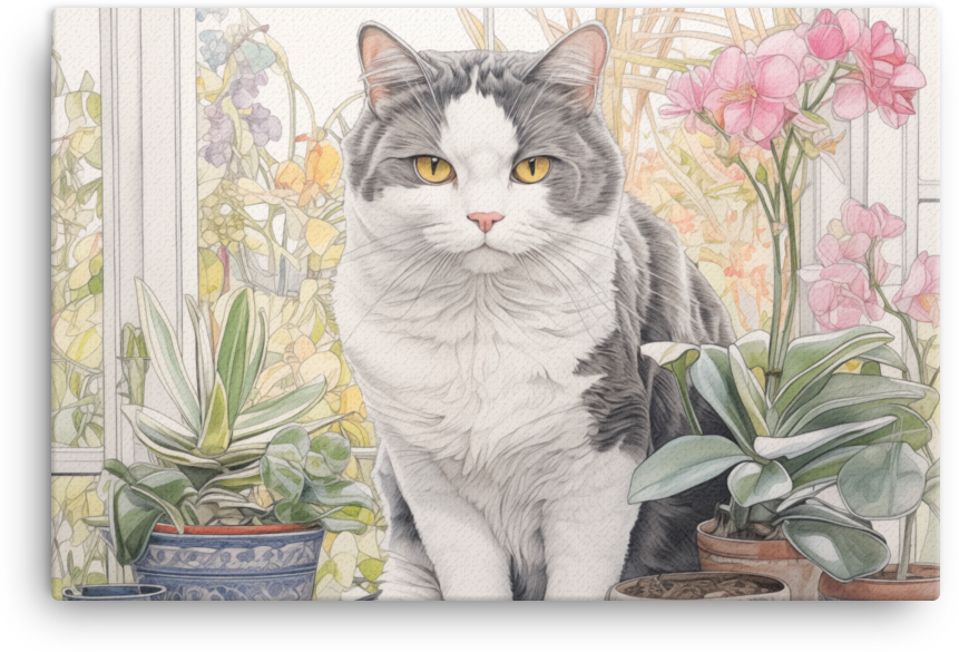 Serene Feline Amidst Floral Bliss Canvas