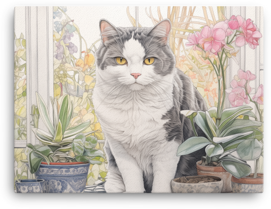 Serene Feline Amidst Floral Bliss Canvas