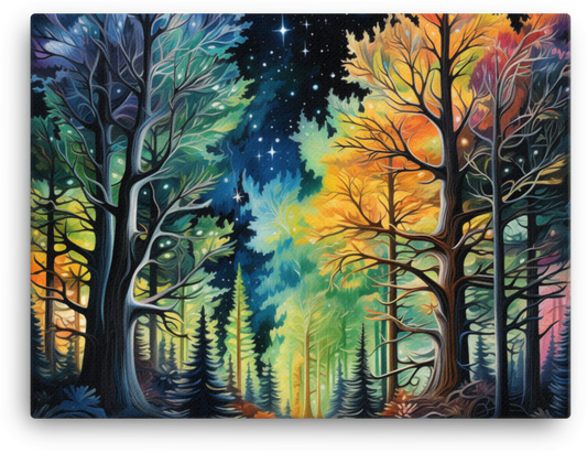 Starry Night Over the Four Seasons Forest Canvas wall art
