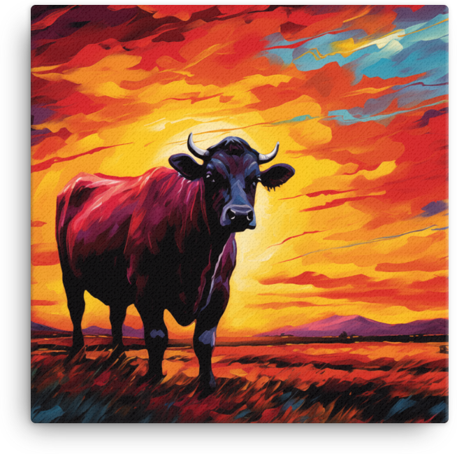 Sundown Blaze Cow Canvas Wall Art