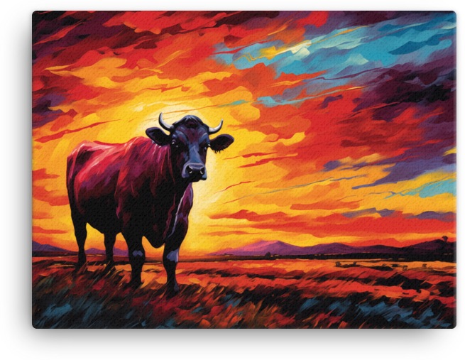 Sundown Blaze Cow Canvas Wall Art