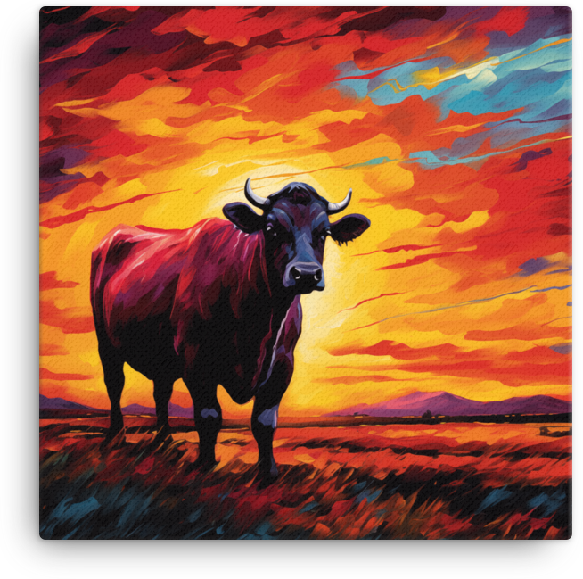 Sundown Blaze Cow Canvas Wall Art