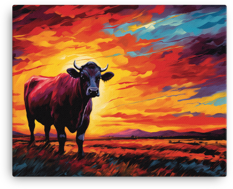 Sundown Blaze Cow Canvas Wall Art