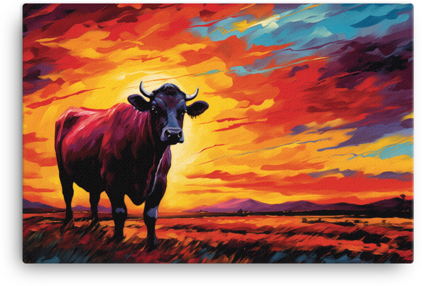 Sundown Blaze Cow Canvas Wall Art