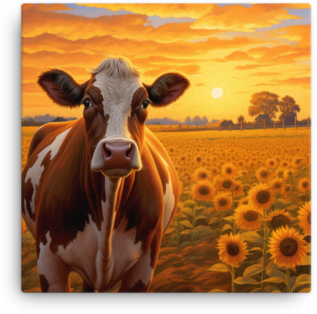 Sunflower Fields Cow Canvas Wall Art