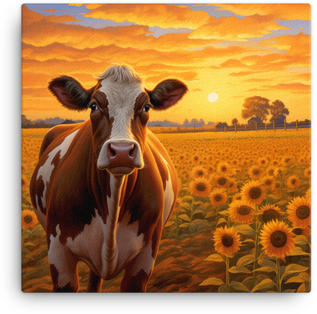 Sunflower Fields Cow Canvas Wall Art