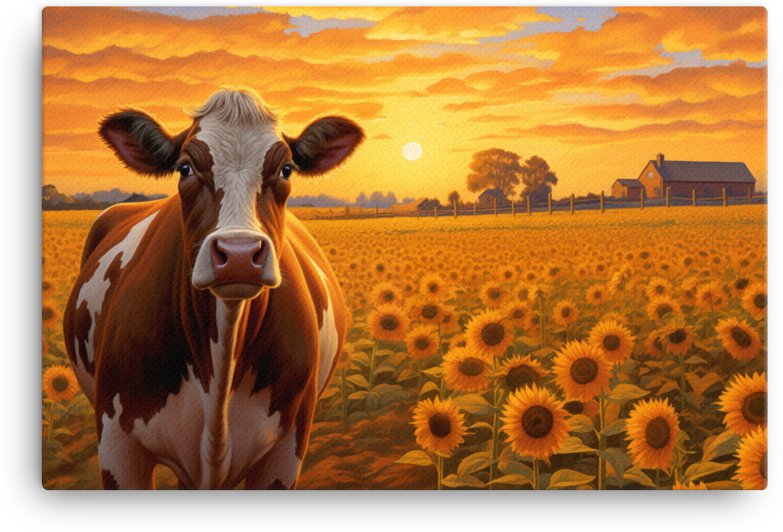 Sunflower Fields Cow Canvas Wall Art