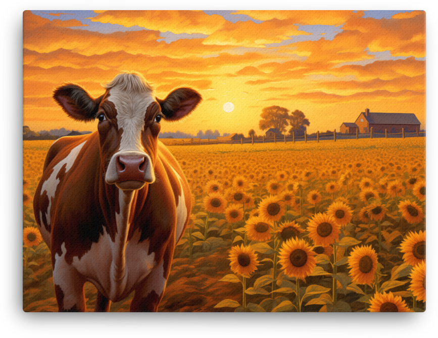 Sunflower Fields Cow Canvas Wall Art