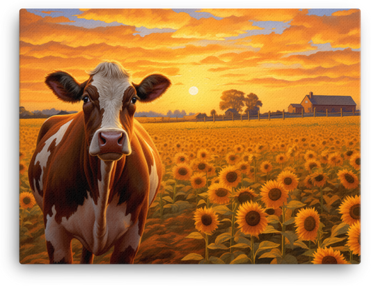 Sunflower Fields Cow Canvas Wall Art