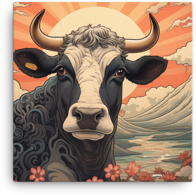 Sunrise Meadow Cow Canvas Wall Art