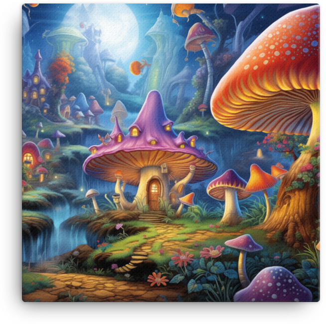 Sunrise Symphony over Magical Mushroom Hamlet Canvas