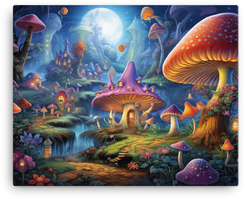 Sunrise Symphony over Magical Mushroom Hamlet Canvas