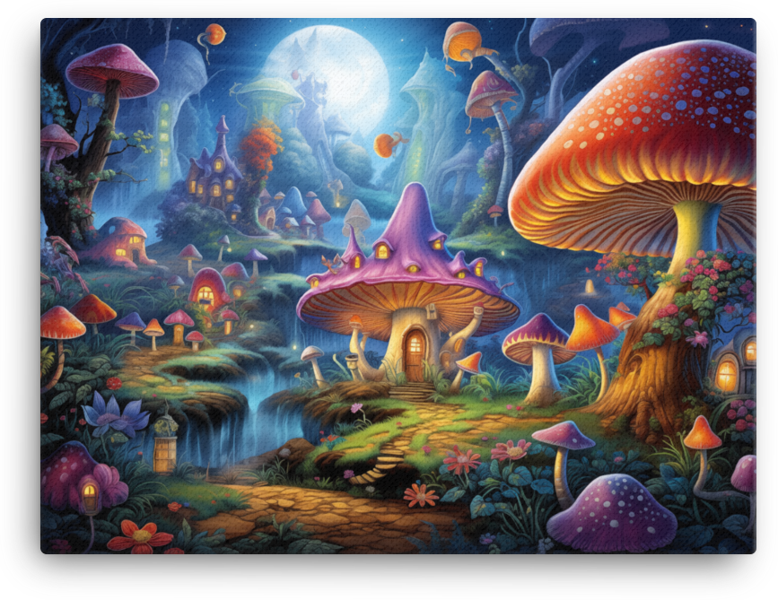 Sunrise Symphony over Magical Mushroom Hamlet Canvas