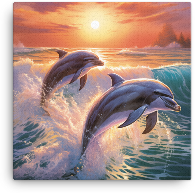 Sunset Dolphins Leap Canvas