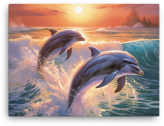 Sunset Dolphins Leap Canvas