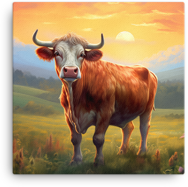 Sunset Meadow Cow Canvas Wall Art