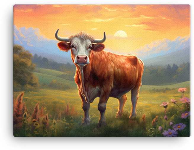 Sunset Meadow Cow Canvas Wall Art