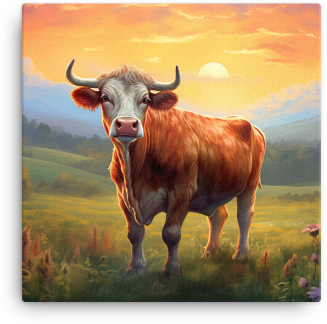 Sunset Meadow Cow Canvas Wall Art