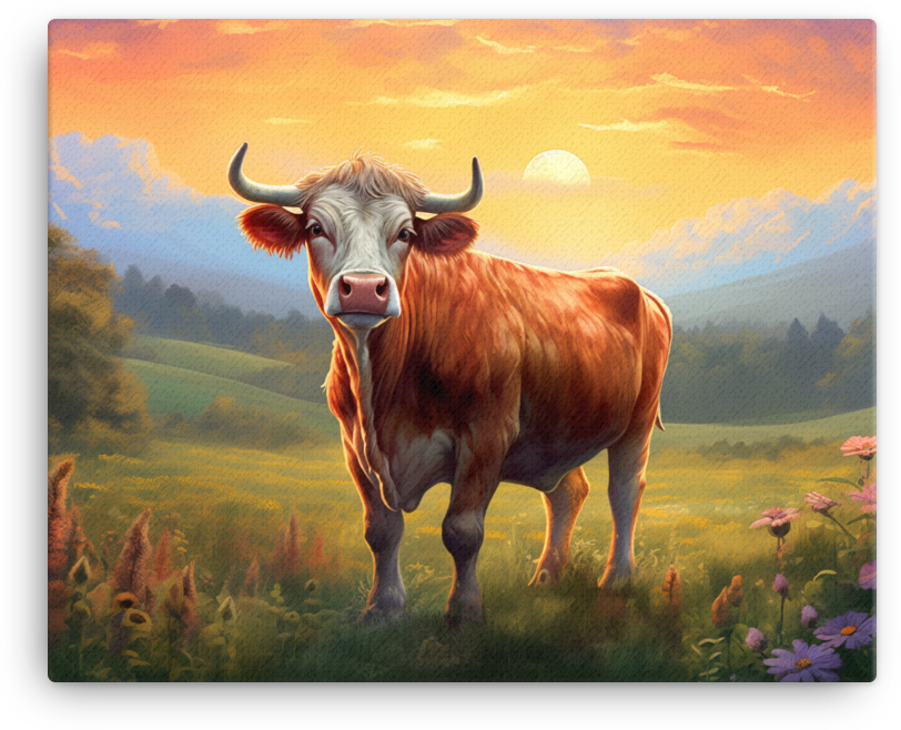 Sunset Meadow Cow Canvas Wall Art