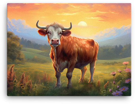 Sunset Meadow Cow Canvas Wall Art