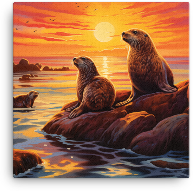 Sunset Otters on Coastal Rocks Canvas wall art