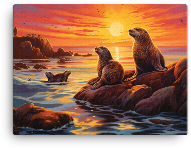 Sunset Otters on Coastal Rocks Canvas wall art