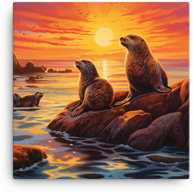 Sunset Otters on Coastal Rocks Canvas wall art