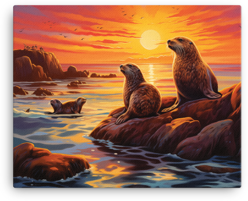 Sunset Otters on Coastal Rocks Canvas wall art