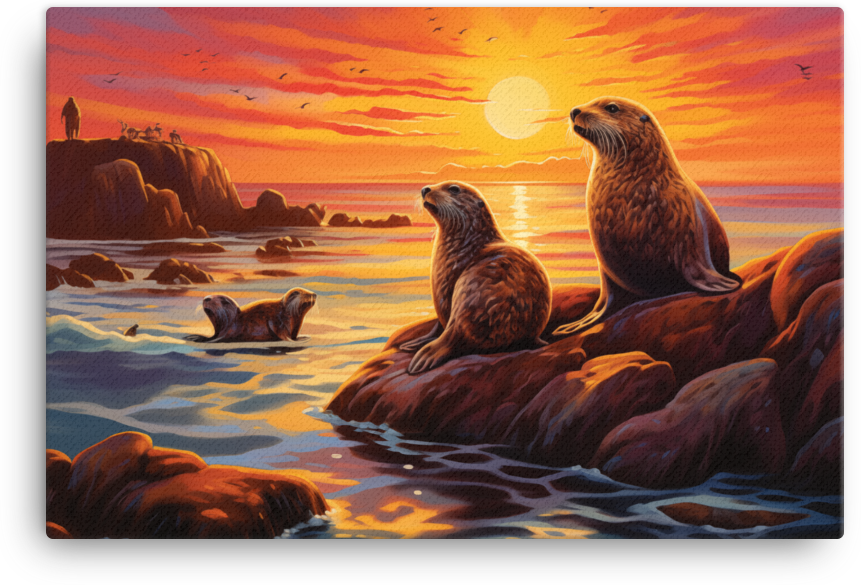 Sunset Otters on Coastal Rocks Canvas wall art