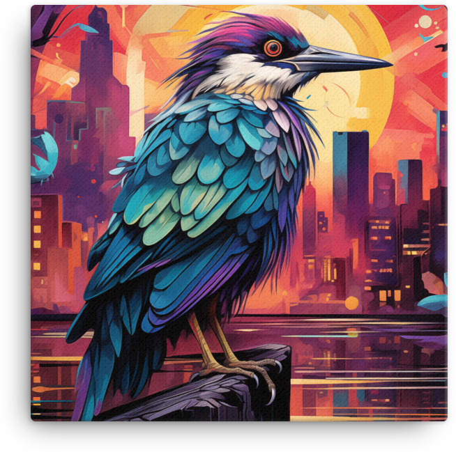 Sunset Silhouette Bird and Cityscape Canvas Wall Art