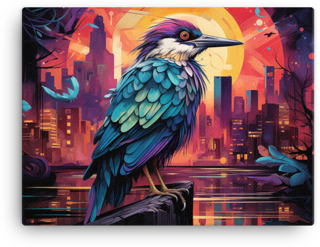 Sunset Silhouette Bird and Cityscape Canvas Wall Art