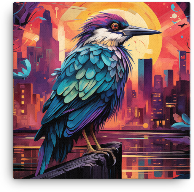 Sunset Silhouette Bird and Cityscape Canvas Wall Art