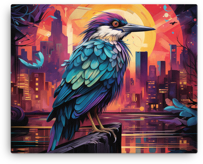 Sunset Silhouette Bird and Cityscape Canvas Wall Art