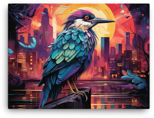 Sunset Silhouette Bird and Cityscape Canvas Wall Art