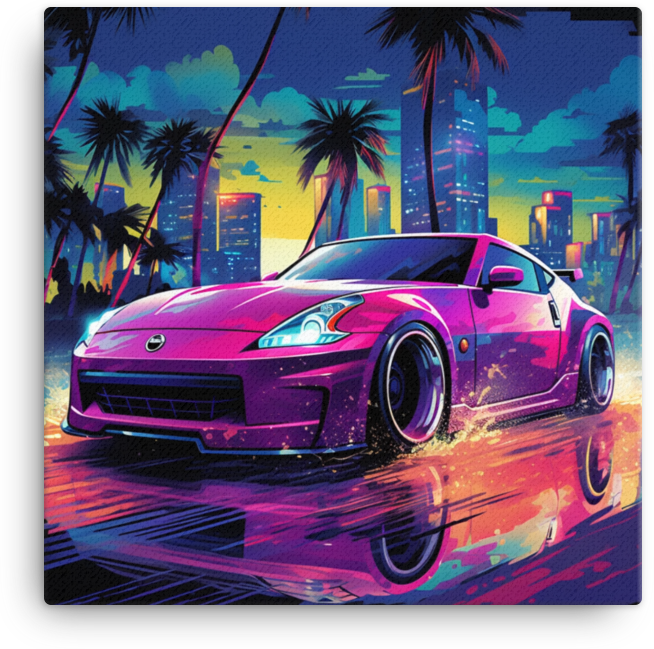 Tropical Neon Nights: Vibrant Car Amidst Cityscape Canvas