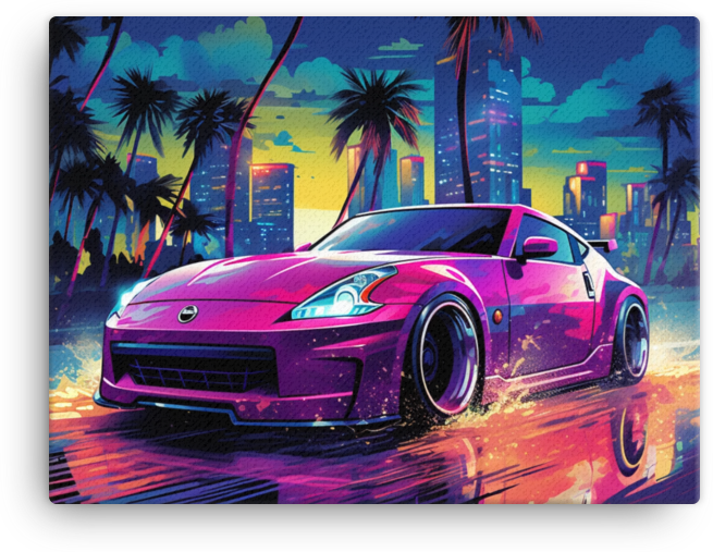 Tropical Neon Nights: Vibrant Car Amidst Cityscape Canvas