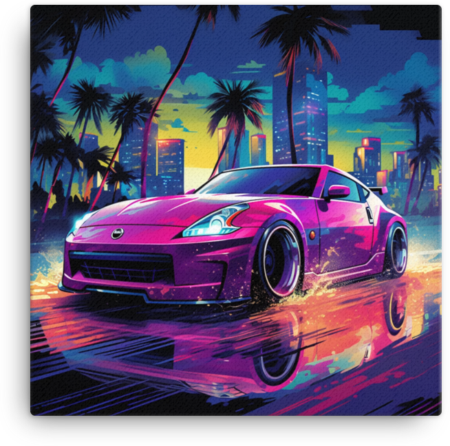 Tropical Neon Nights: Vibrant Car Amidst Cityscape Canvas