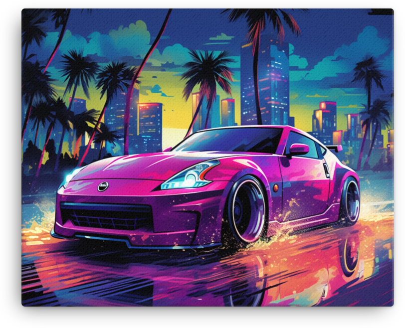 Tropical Neon Nights: Vibrant Car Amidst Cityscape Canvas
