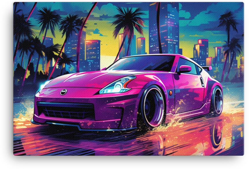 Tropical Neon Nights: Vibrant Car Amidst Cityscape Canvas