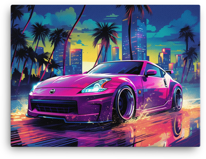 Tropical Neon Nights: Vibrant Car Amidst Cityscape Canvas