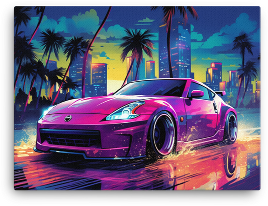 Tropical Neon Nights: Vibrant Car Amidst Cityscape Canvas