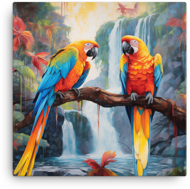 Tropical Parrot Pair Waterfall Oasis Canvas
