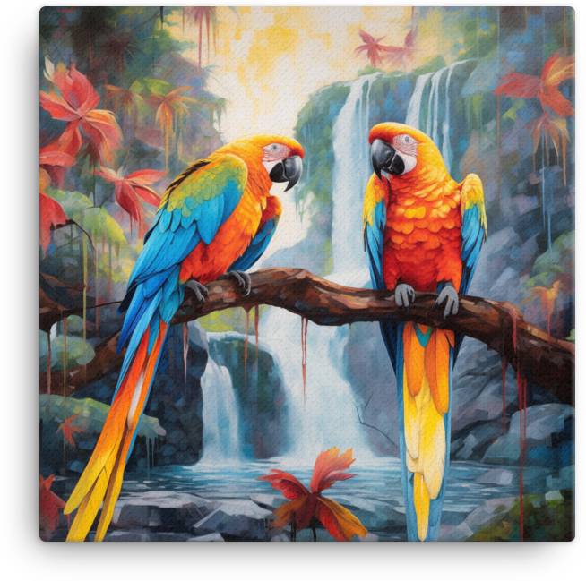Tropical Parrot Pair Waterfall Oasis Canvas