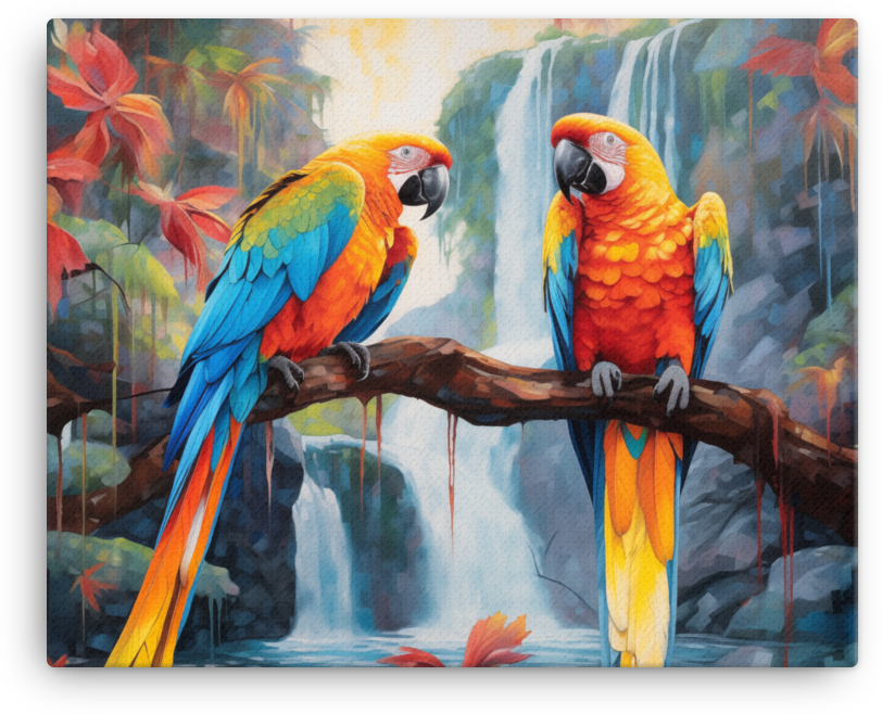 Tropical Parrot Pair Waterfall Oasis Canvas