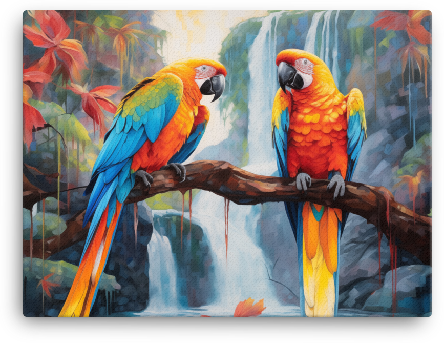 Tropical Parrot Pair Waterfall Oasis Canvas