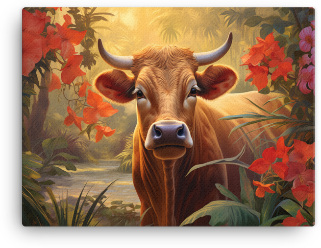 Tropical Twilight Cow Canvas Wall Art
