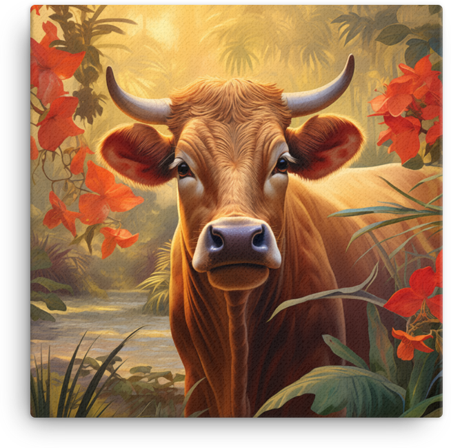 Tropical Twilight Cow Canvas Wall Art