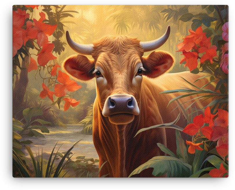 Tropical Twilight Cow Canvas Wall Art
